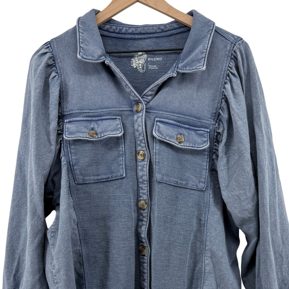 Pilcro Button Front Chambray Shacket Jacket Blue Women L Puff Sleeve 100% Cotton - Picture 2 of 7